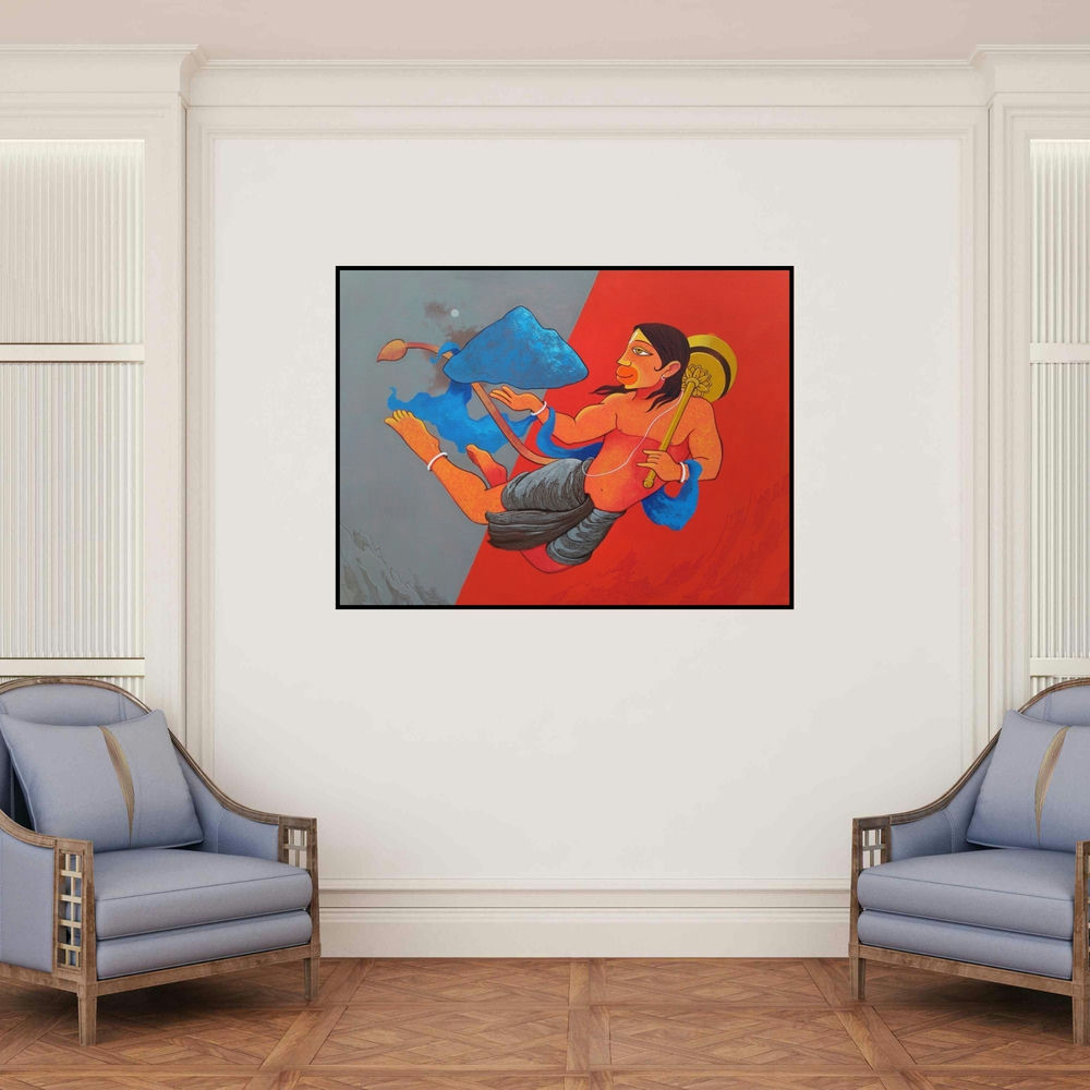 'Dronagiri 2 (The Divine Strength)' painting by Prakash Pore shown on a wall in a furnished room.