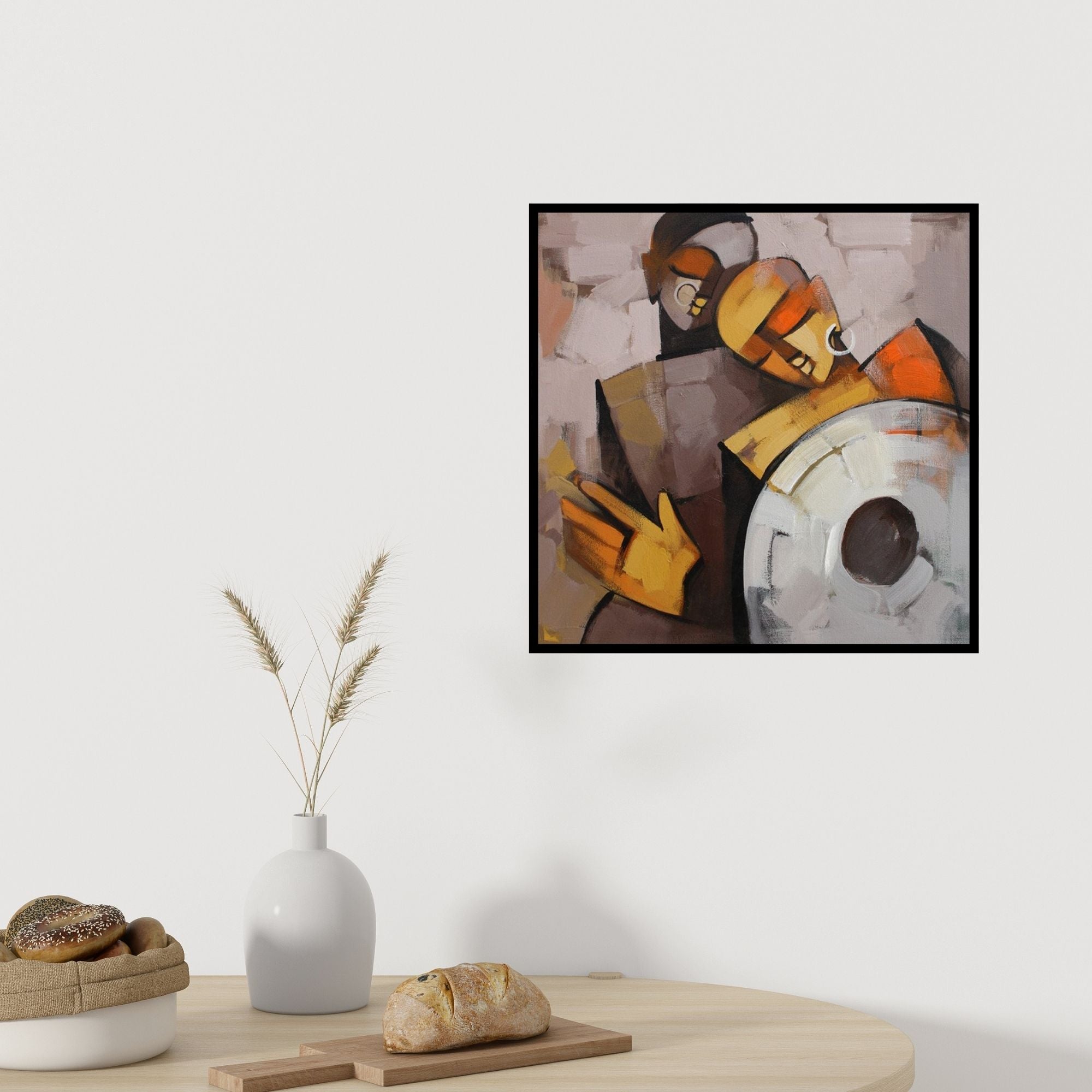 In-situ view of Deepa Vedpathak's 'Drummer 73 (Intimate Embrace)' painting in a room