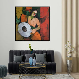Deepa Vedpathak's 'Drummer 91 (Harmony)' painting visualized above a sofa in a contemporary room.