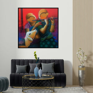 Anupam Pal's 'The Dual Flautist' painting visualized above a sofa in a contemporary room.