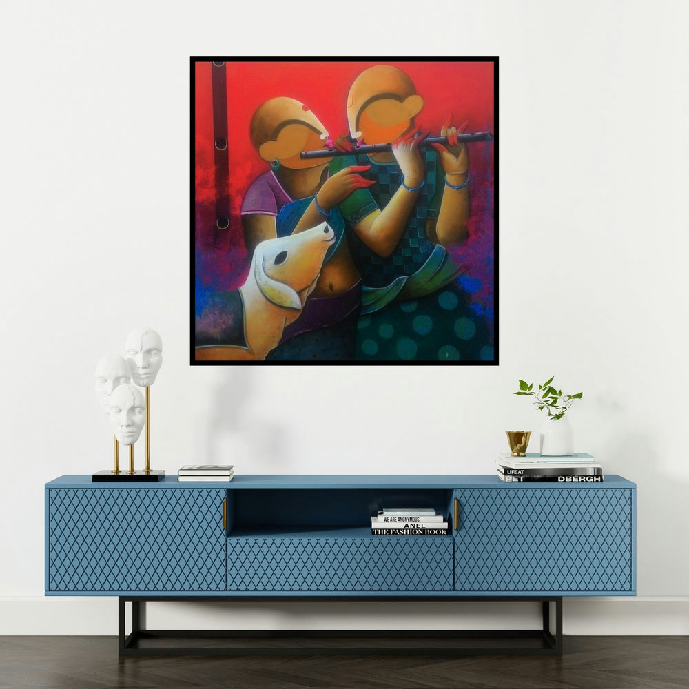 'The Dual Flautist' painting by Anupam Pal shown on a wall in a furnished room.