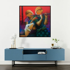 'The Dual Flautist' painting by Anupam Pal shown on a wall in a furnished room.