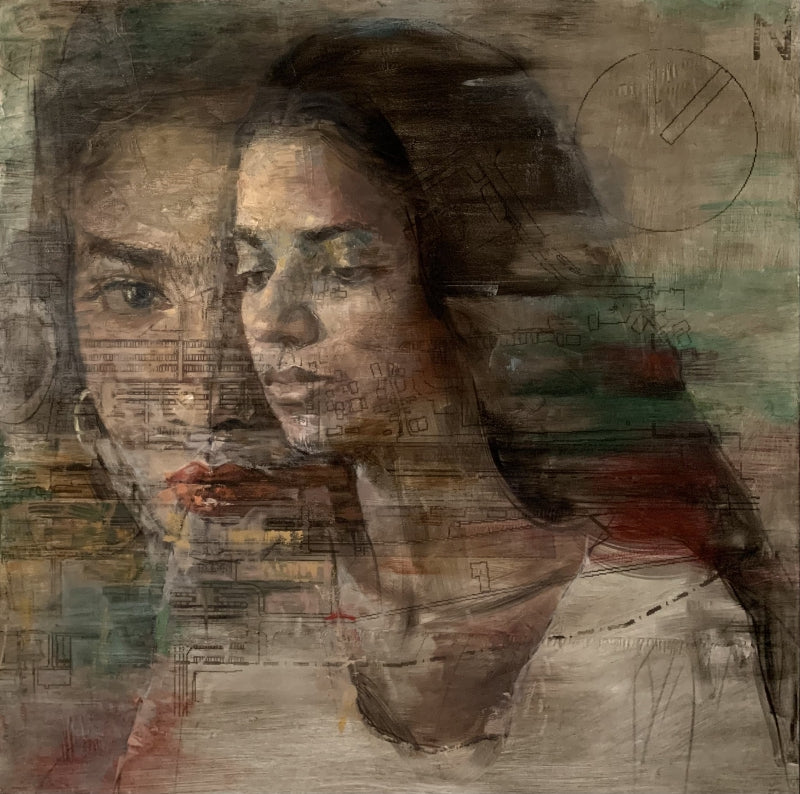 Dual Reflections 1' portrait oil painting by artist Nilisha Phad, 36x36 inch, on canvas