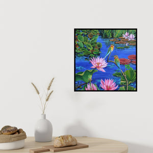 In-situ view of Vani Chawla's 'Duet In Lotus Pond' painting in a room
