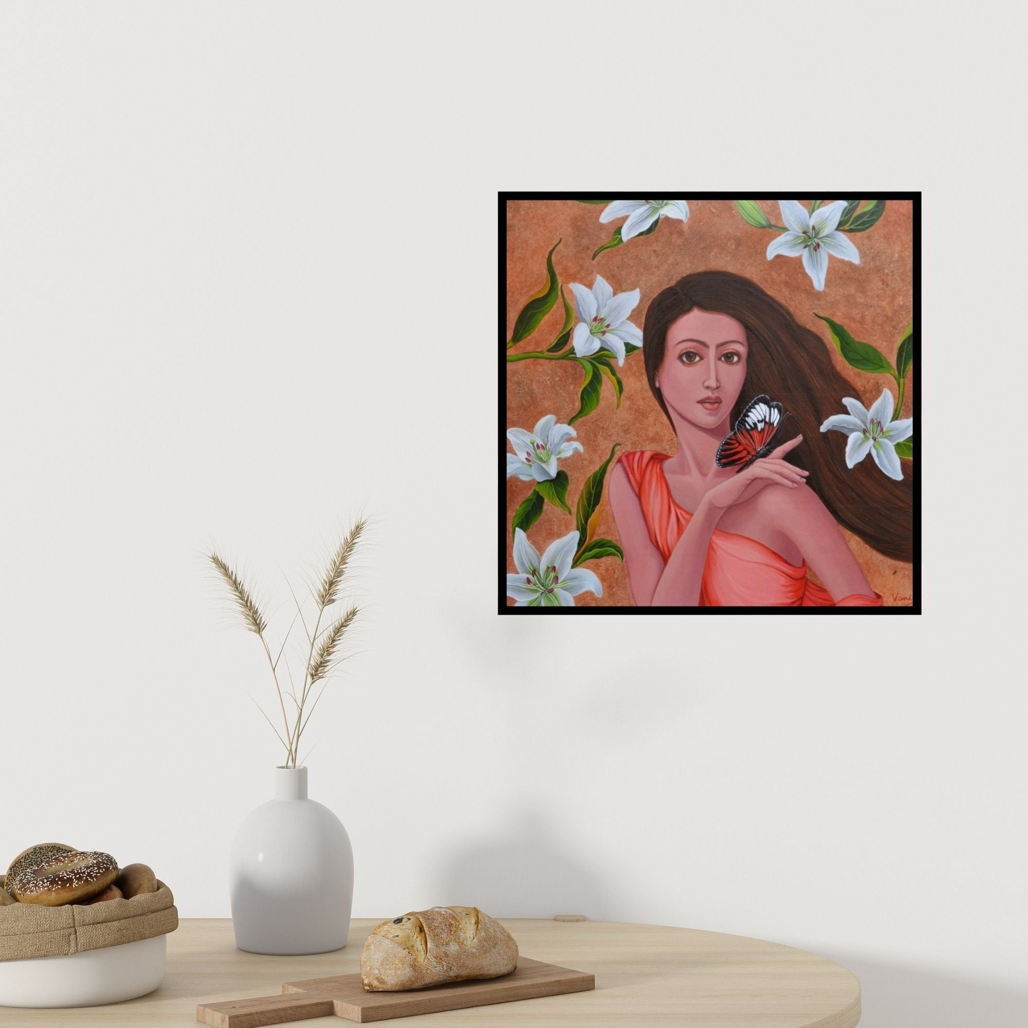 In-situ view of Vani Chawla's 'Dulcet Dream 3 (Woman with Butterfly)' painting in a room