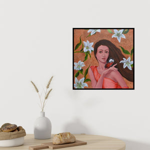 In-situ view of Vani Chawla's 'Dulcet Dream 3 (Woman with Butterfly)' painting in a room