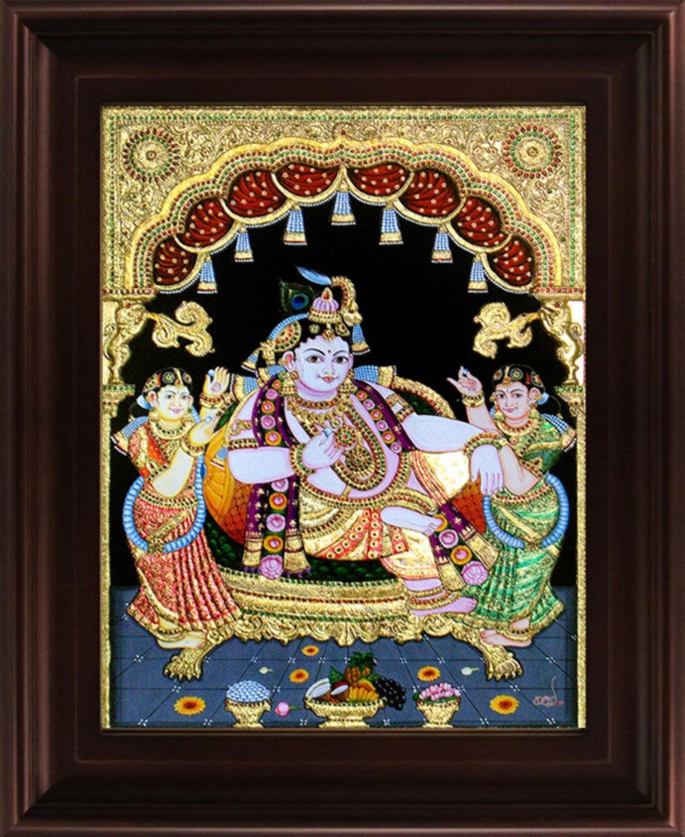 Religious tanjore traditional art titled 'Durbar Krishna Tanjore Painting', 24x18 inches, by artist Myangadi Tanjore on Plywood