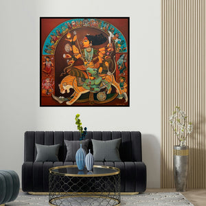 Sumon Naskar's 'Durga (Durga Triumphant)' painting visualized above a sofa in a contemporary room.