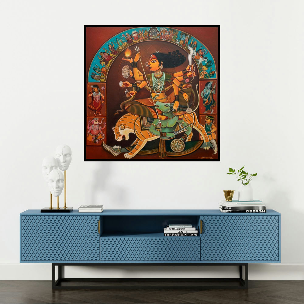 'Durga (Durga Triumphant)' painting by Sumon Naskar shown on a wall in a furnished room.