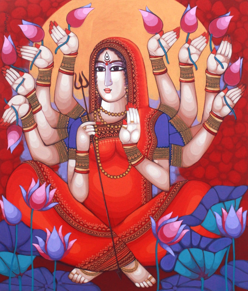 'Durga' religious acrylic painting by artist Sekhar Roy, 42x36 inch, on canvas