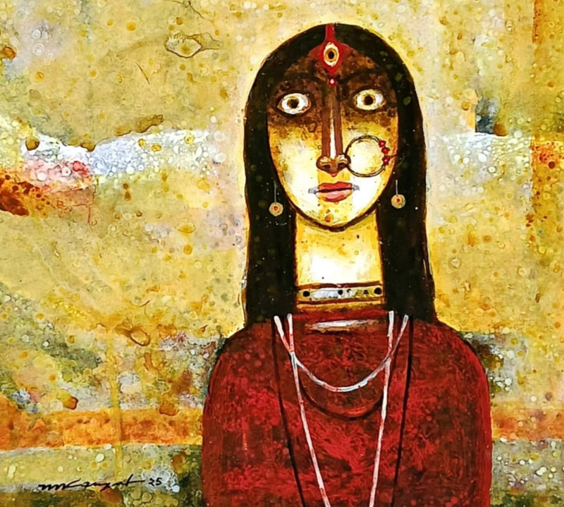 'Durga' religious acrylic painting by artist Mihir Kayal, 13x12 inch, on paper