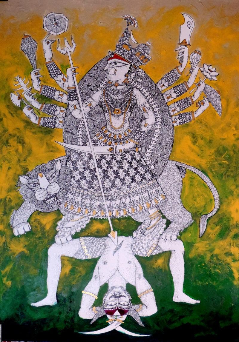 Religious acrylic ink painting titled 'Durga 4', 30x20 inches, by artist Samik De on Paper