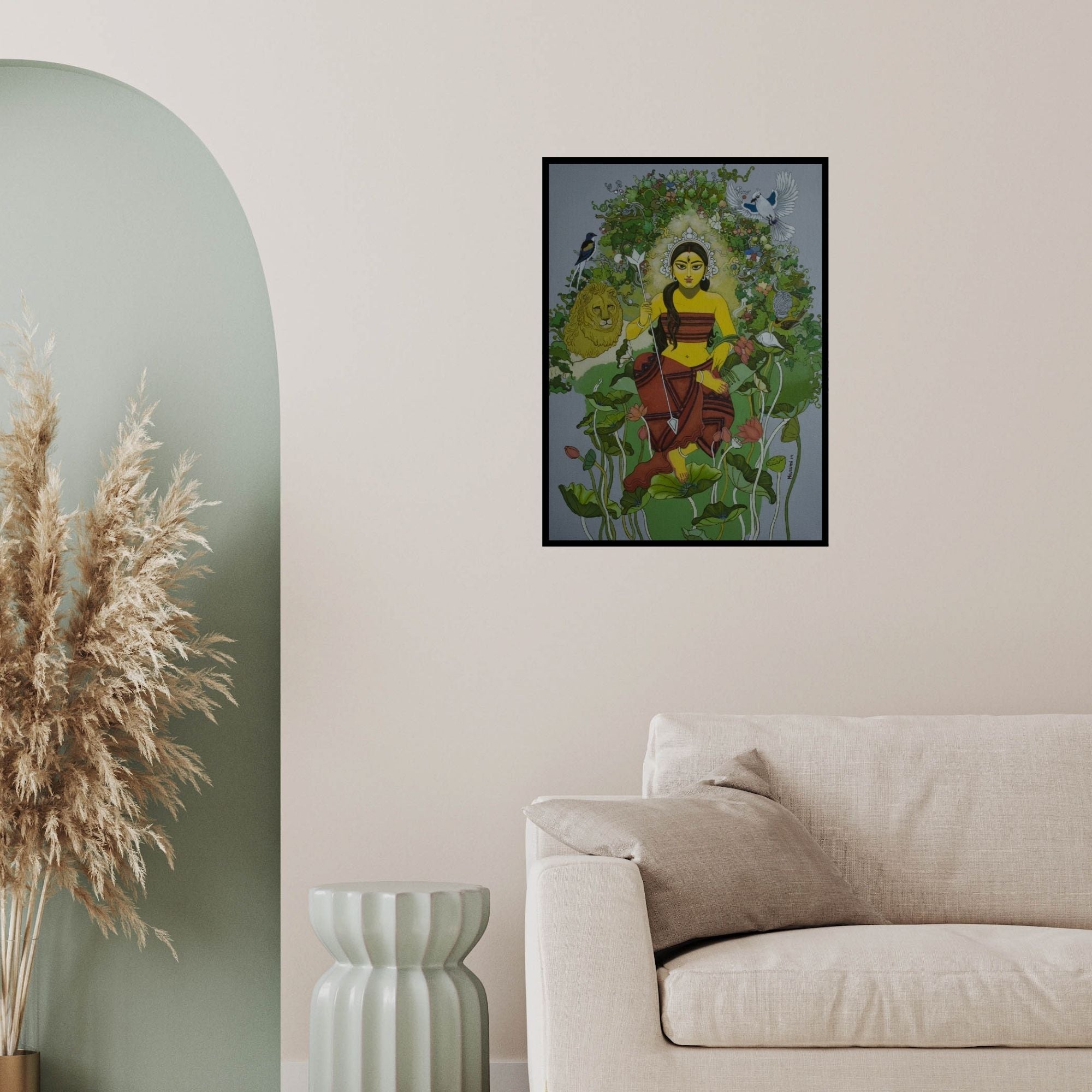 In-situ view of Mousumi Pal Majumdar's 'Durga With Nature' painting in a room