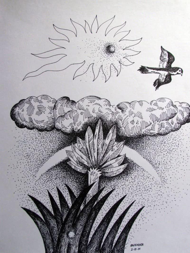 Nature ink drawing titled 'Dusk', 12x11 inches, by artist Rajendra V on Ivory Paper
