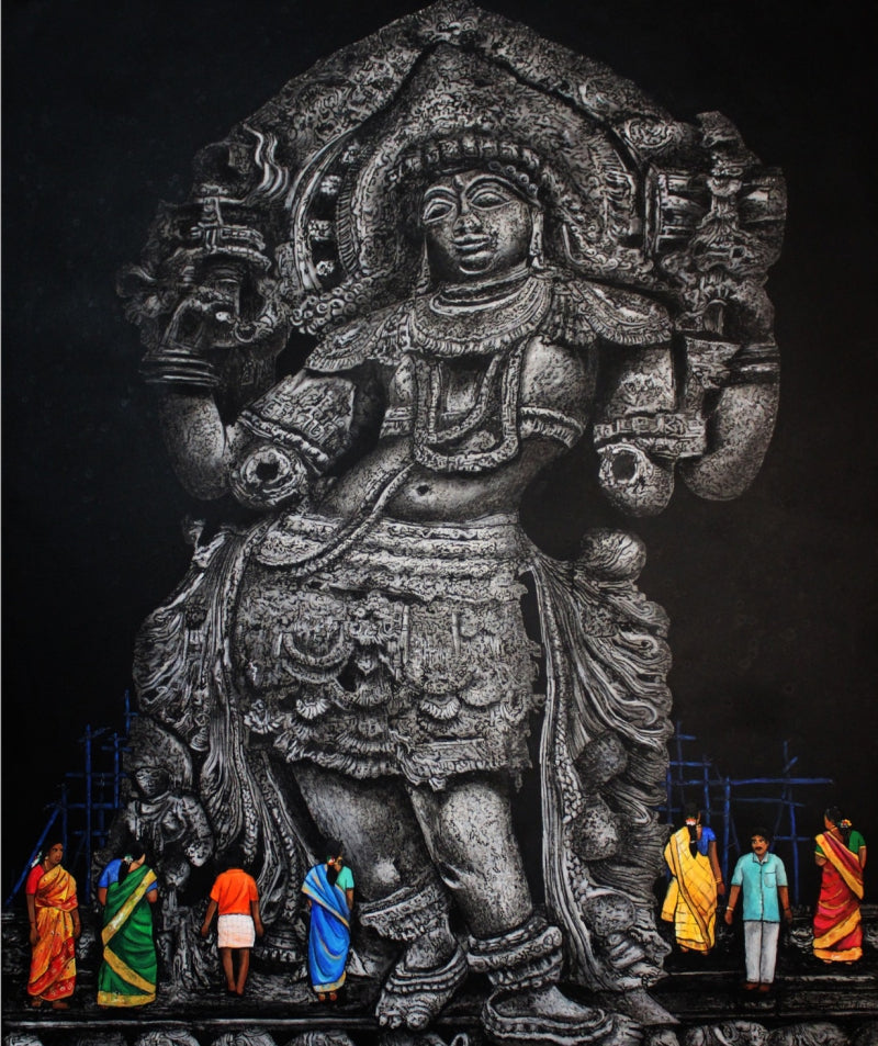 Dwarapalaka' religious acrylic-charcoal painting by artist Gangu Naidu Pv, 60x48 inch, on canvas