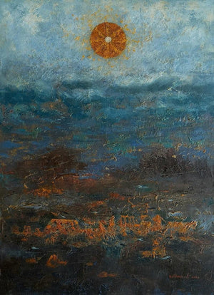 Dwarika Of Krishna (Sunrise Over the Plains) by Avishkar Vispute, Original Oil Religious Painting on Canvas, Medium Vertical Wall Art