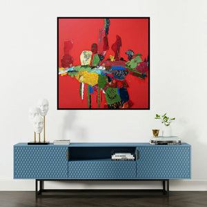 'Dwelling' painting by Sheetal Singh shown on a wall in a furnished room.