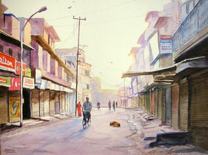 Early Morning by Ramesh Jhawar, Original Watercolor Cityscape Painting on Paper, Small Horizontal Wall Art