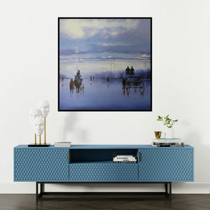 'An Early Morning In Kolkata (A Serene Evening in Kolkata)' painting by Arup Lodh shown on a wall in a furnished room.