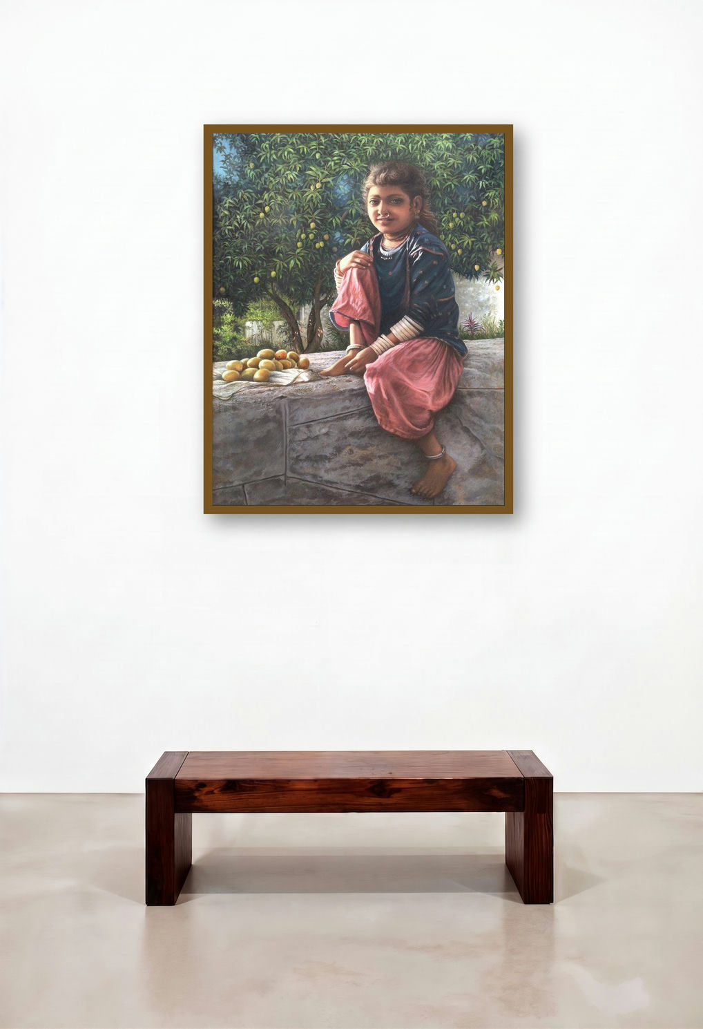 Earning For Living (Girls in the Garden) by artist Shyam Verma displayed in a Transitional Family Room