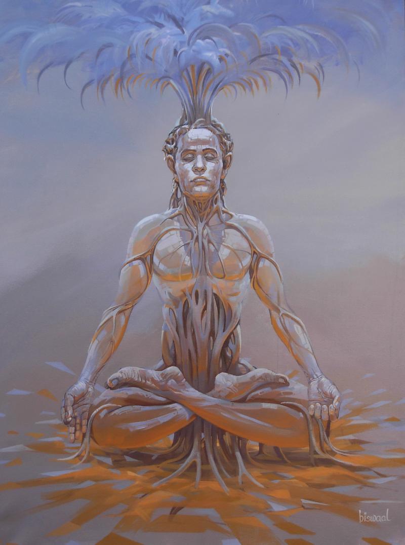 Figurative acrylic painting titled 'Earth And Fire', 36x48 inches, by artist Bijay Biswaal on Canvas