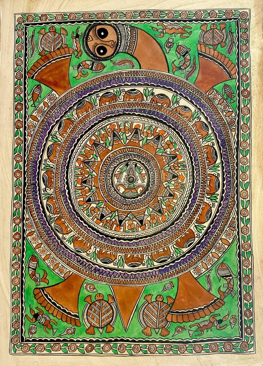 Folk Art madhubani traditional art titled 'Earth On Tortoise', 30x22 inches, by artist Chano Devi on Handmade Paper