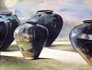 Pots/Vessels watercolor painting titled 'Earthen Hues', 7x9 inches, by artist Shagufta Mehdi on Paper