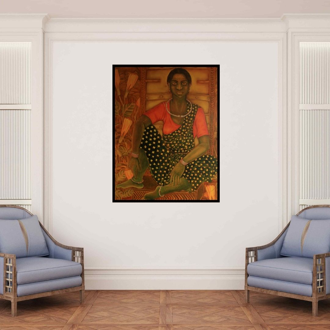 In-situ view of Supriya Amber's 'Earthen Native 21 (Baiga Tribe)' painting in a room
