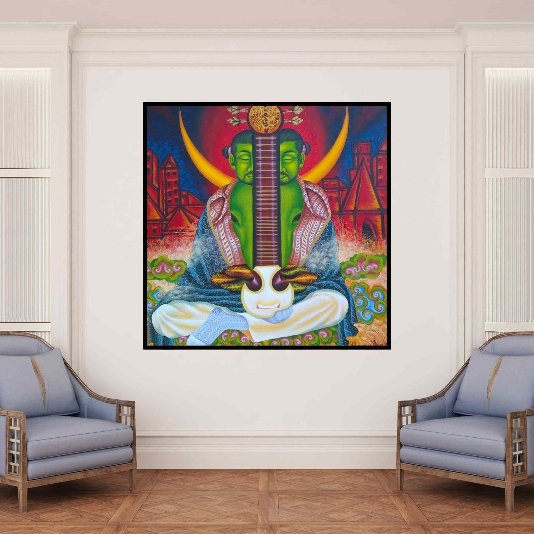 In-situ view of Ramu Das's 'Easraj (Musical Mystic)' painting in a room