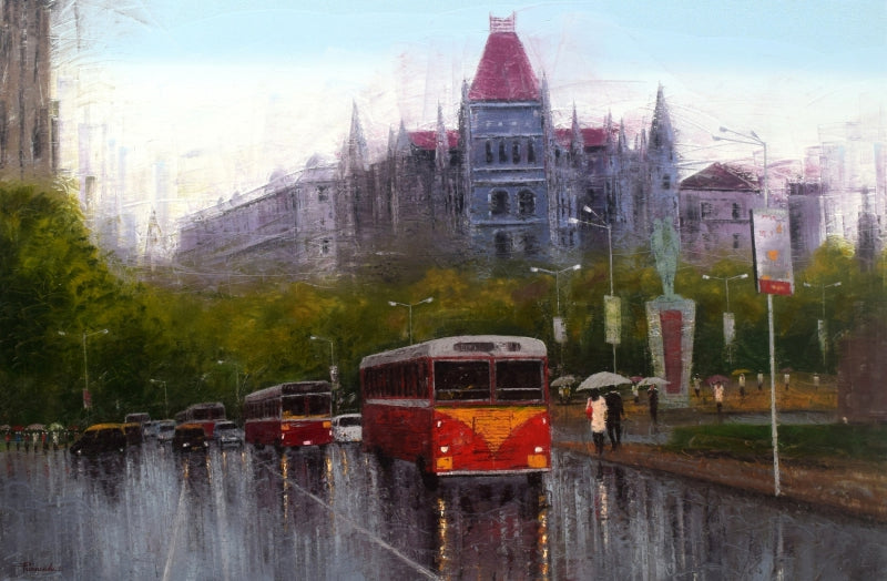 'Echoes Of Churchgate' cityscape oil painting by artist Purnendu Mandal, 48x72 inch, on canvas