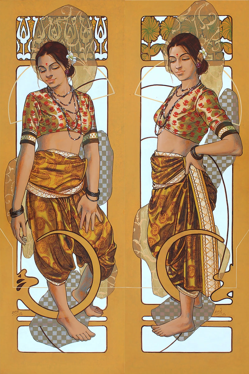 'Echoes In Gold' figurative acrylic-charcoal painting by artist Ramchandra Kharatmal, 60x20 inch, on canvas