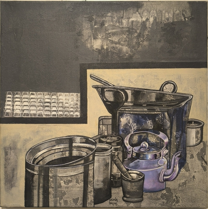 Echoes In The Pantry' still-life acrylic painting by artist Mona Dalal, 18x18 inch, on canvas