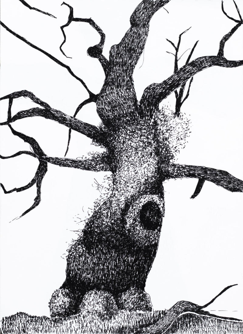 'Echoing Trunk' nature ink drawing by artist Ankit Kushwaha, 8x6 inch, on paper