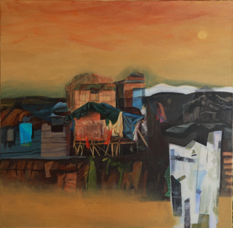 'Echos Of Old Houses 4' contemporary acrylic painting by artist Jigisha Mulaye, 30x30 inch, on canvas
