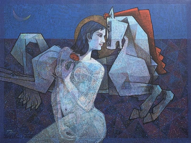 Figurative acrylic painting titled 'Ecstasy 2', 36x48 inches, by artist Dinkar Jadhav on Canvas