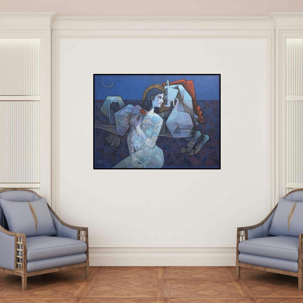 'Ecstasy 2 (Night Reverie)' painting by Dinkar Jadhav shown on a wall in a furnished room.