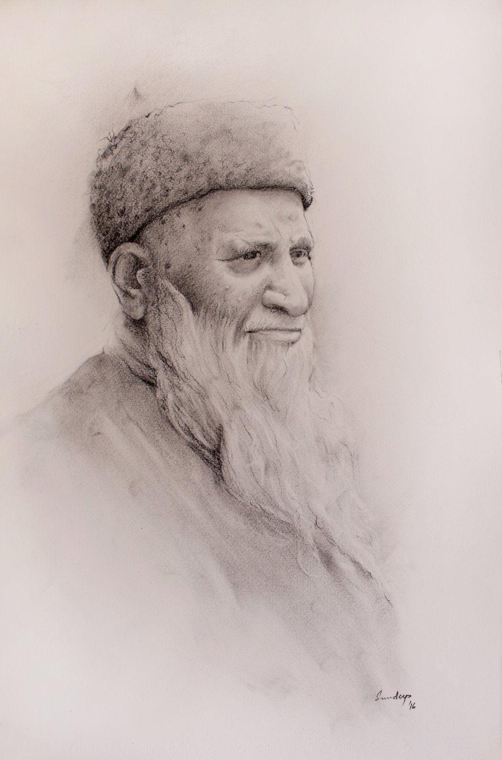 Portrait charcoal drawing titled 'Edhi', 20x14 inches, by artist Sundeep Kumar on Paper
