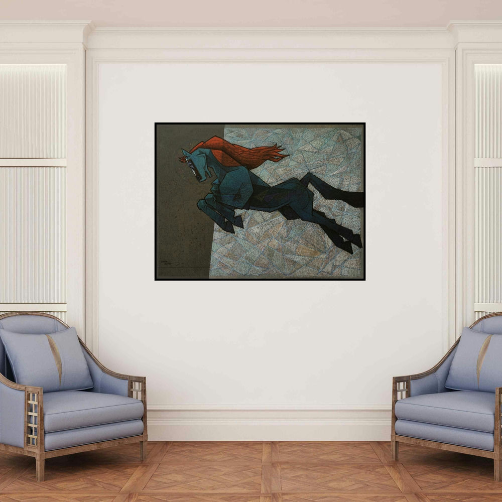'The Effeminate 2' painting by Dinkar Jadhav shown on a wall in a furnished room.