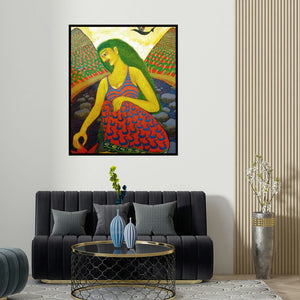 'Effulgent' painting by Sambuddha Gupta shown on a wall in a furnished room.