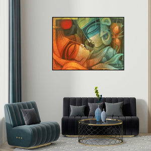 Nityam Singha Roy's 'Egyptian King And Queen Ii' painting visualized above a sofa in a contemporary room.
