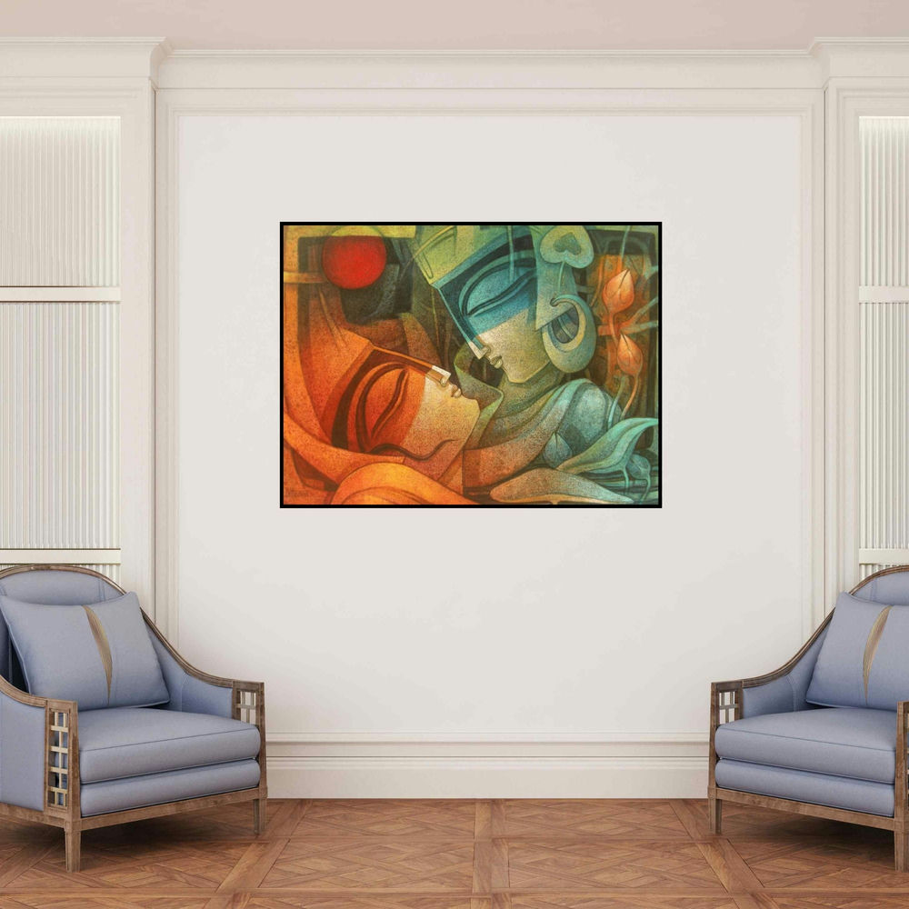 'Egyptian King And Queen Ii' painting by Nityam Singha Roy shown on a wall in a furnished room.