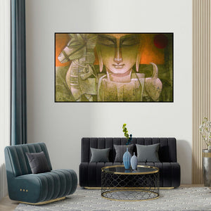 Nityam Singha Roy's 'Egyptian King' painting visualized above a sofa in a contemporary room.