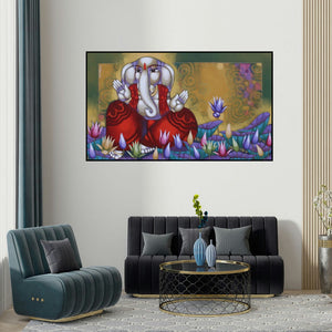 Sekhar Roy's 'Ekadanta (Ganesha Amidst the Lotus Blossoms)' painting visualized above a sofa in a contemporary room.
