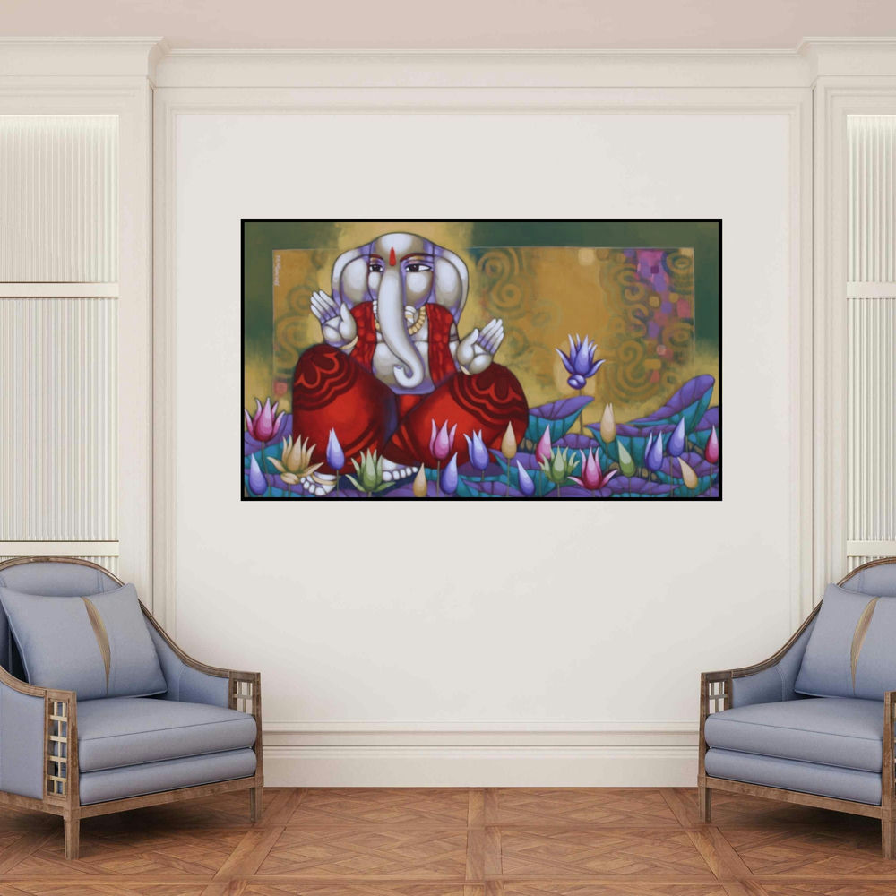 'Ekadanta (Ganesha Amidst the Lotus Blossoms)' painting by Sekhar Roy shown on a wall in a furnished room.
