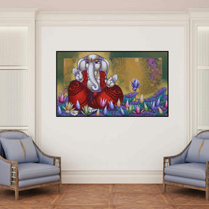 'Ekadanta (Ganesha Amidst the Lotus Blossoms)' painting by Sekhar Roy shown on a wall in a furnished room.