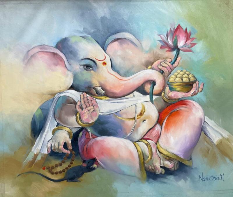 Religious oil painting titled 'Ekadanta', 36x44 inches, by artist Namdev M Patil on Canvas
