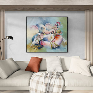 In-situ view of Namdev M Patil's 'Ekadanta (Baby Ganesha with Lotus)' painting in a room