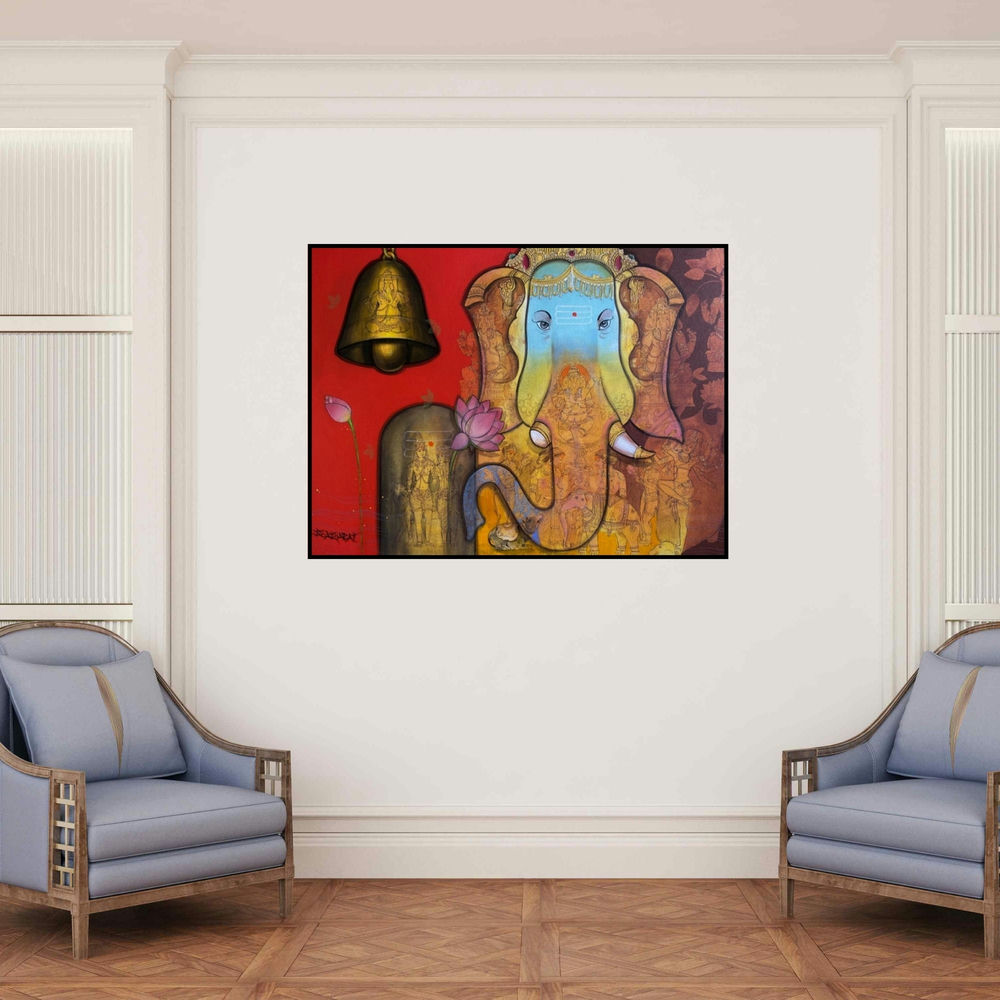 'Ekdant (Ganesh with Bell)' painting by Sachin Kharat shown on a wall in a furnished room.