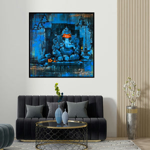 Sandeep Chhatraband's 'Ekdant (Ganesha's Blue Sanctuary)' painting visualized above a sofa in a contemporary room.