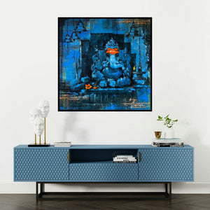 'Ekdant (Ganesha's Blue Sanctuary)' painting by Sandeep Chhatraband shown on a wall in a furnished room.